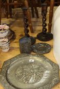 Arts and Crafts pewter plaque, small dish and brush pot,