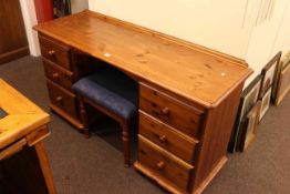 Pine six drawer pedestal dressing table and stool