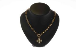 18 carat gold and enamel cross necklace with diamond highlights by Gavello, 38 grams,