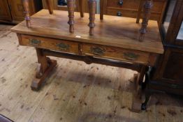 Pitch pine two drawer side table,