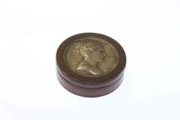19th Century tortoiseshell lined circular snuff box, with inset cast plaque depicting Josephine,