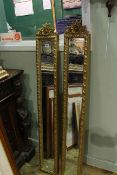 Pair slim rectangular gilt framed bevelled wall mirrors
