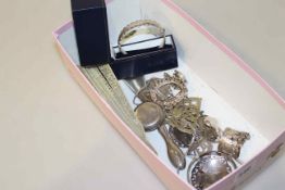 Silver bangle, silver pocket watch, 19th Century bone fan, plate,