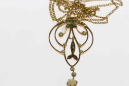 9 carat gold openwork pendant and chain with opal and seed pearls