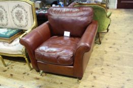 Pair little used deep tan leather armchairs