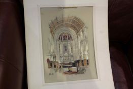 Fred Jay Girling, Church Interior, watercolour sketch, signed lower left,