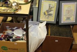 Twenty one framed watercolours, unframed posters, box of china including Wade Natwest Pigs,