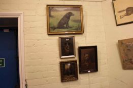 Three framed paintings of dogs and print of a cat (4)