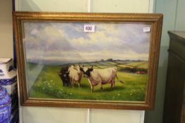 Gilt framed oil on canvas, Cattle in Landscape,