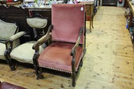 French carved walnut open armchair in rose pink draylon