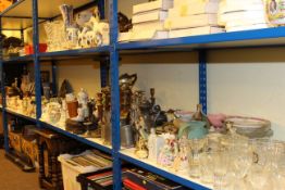 Full shelf of glassware, china, metalware, pictures, lamps, pewter, bellows, nest of tables,