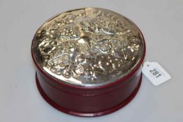 Silver mounted leather circular box, Birmingham 1992,