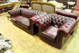 Ox blood deep buttoned leather three seater Chesterfield settee and chair