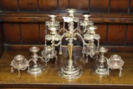 Silver plated five branch table candelabra with lustre drops and pair of small three branch