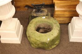 Weathered circular stone garden planter and weather boot scraper (2)