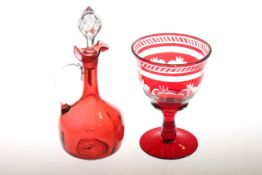 Victorian cranberry glass claret jug and a ruby flash glass goblet (2)