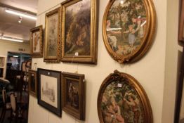 Collection of pictures and mirrors including needleworks and oil paintings