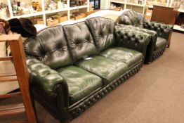 Bottle green deep buttoned leather three seater Chesterfield settee and chair
