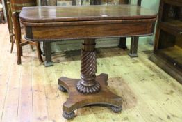 19th Century mahogany fold top tea table on spiral twist pedestal to quadriform base