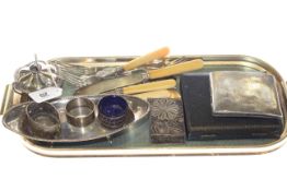 Small tray lot of silver items including oval tray, cigarette case, flatware, table lighter,