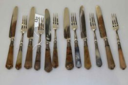 Set of six George III silver and agate handled dessert knives and forks, Moses Brent,