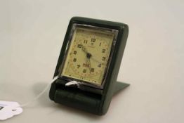 Jaeger Le Coulter vintage travel clock in folding green leather covered case