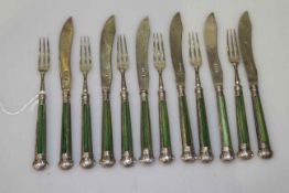 Set of six Victorian silver and green stained ivory knives and forks, G.H.