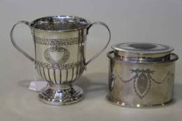 19th Century silver-plated loving cup and a plated caddy by James Dixon