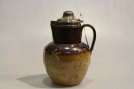 Silver mounted and lidded Doulton Lambeth brown stoneware jug