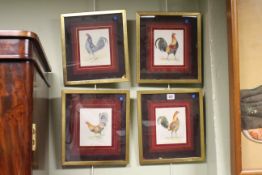 R.E. Mertens, Cockerels, set of four watercolours, all signed and titled, 15cm by 12.
