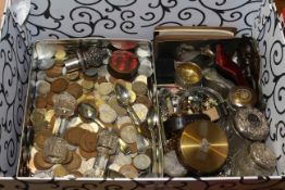 Box of collectables including coins, silver topped toilet jars,
