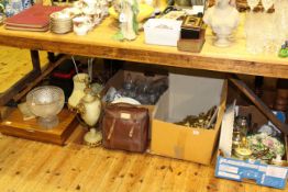Boxes of glass and china, cherub light fitting, alabaster table lamp, crystal punch bowl,