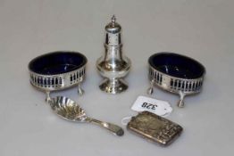 Victorian silver caddy spoon, pair of silver salts,