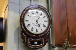 Rosewood and mother of pearl inlaid drop dial wall clock, Sellman, St.