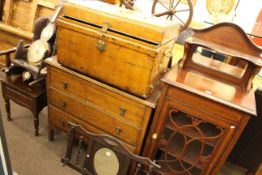 Edwardian inlaid music cabinet, oak three drawer chest, tin trunk, oak coat rack,