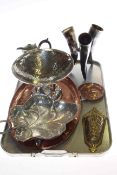 EPNS hammered tazza, horn triple epergne, copper tray, brass tidy,