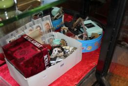 Two boxes of jewellery, watches, collector cards,