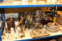 Pair of vases, assorted ice buckets, silver plated ware, plates, pictures, small brass telescope,