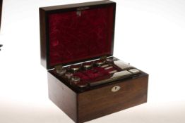 Victorian rosewood and mother of pearl inlaid toilet box with bottles and fittings