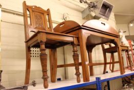 Pair Victorian oak carved panel back hall chairs and yew butlers tray on stand (3)