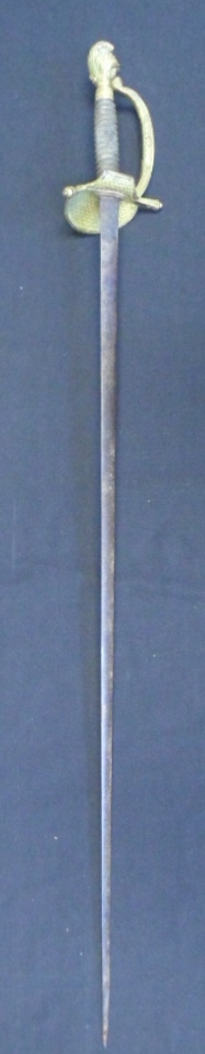 A CONTINENTAL EPEE, MID-19TH CENTURY with etched blade (rusted), brass hilt cast in low relief