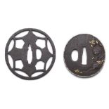 TWO JAPANESE SWORD GUARDS (TSUBA) of iron, each with kozuka hitsu-ana, the first with silver fukurin