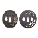 TWO JAPANESE SWORD GUARDS (TSUBA) the first of iron, signed 'Kofu ju Tatsutoki', with kozuka hitsu-