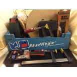 A box of spool of rope, Black and Decker electric screwdriver, wood working plane, clamps,