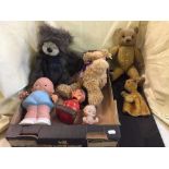 A box of early 20th mohair bear, mid 20th century Noddy money box, Sooty puppet,