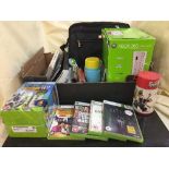 A box of Xbox 360, assorted games, game guides, lap top bag,