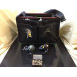 A tackle box seat containing assorted fishing reels, hooks, lurers,