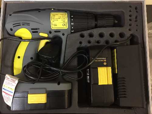 A cased Cougar 24 volt electric drill with battery and charger