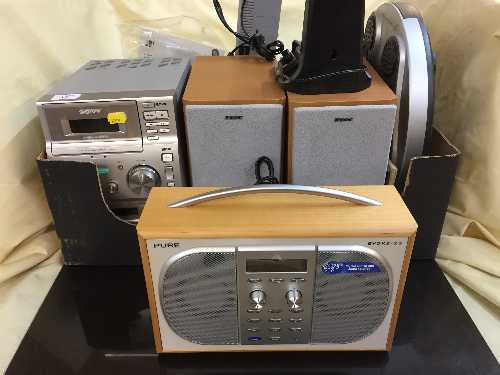 A box of Sony hi/fi system, Pure DAB radio, circulation booster,