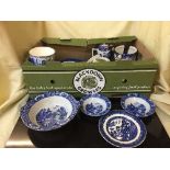 A box of assorted blue and white china - Royal Cauldron Dragon pattern ashette,